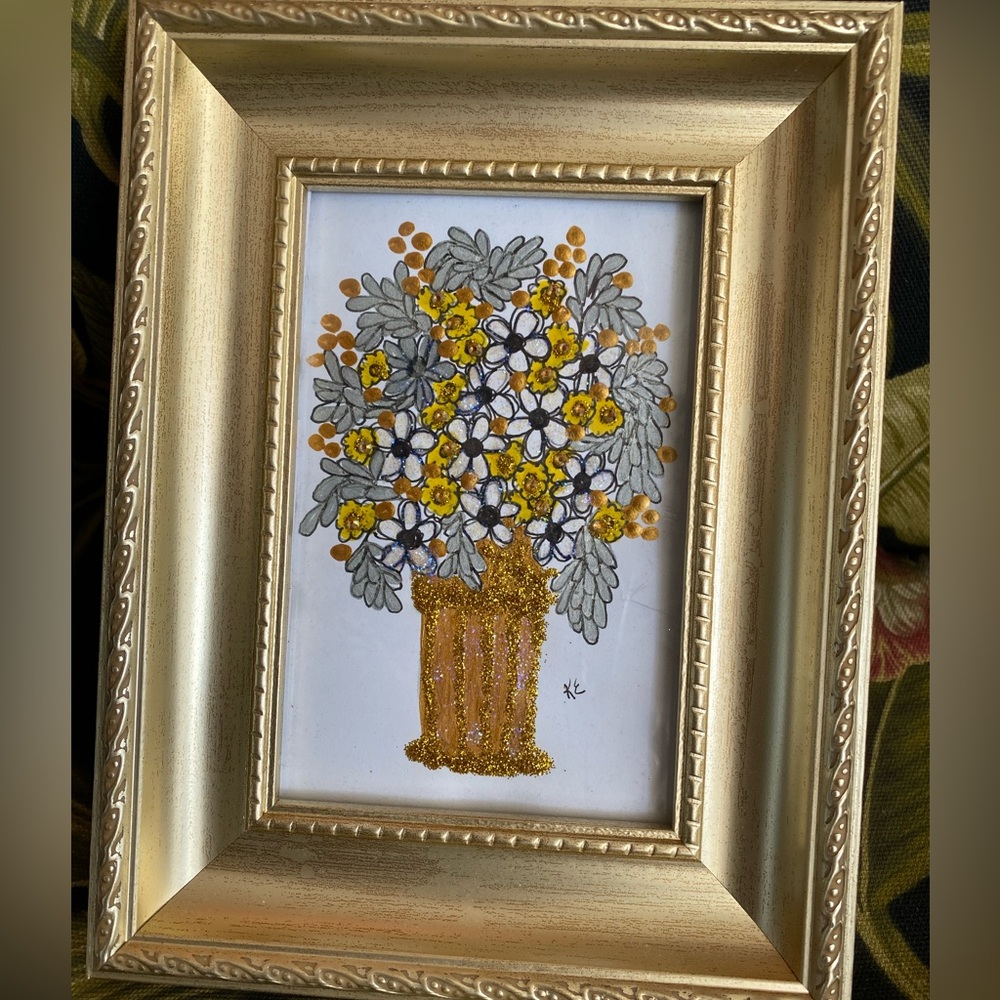 Floral Mixed Media Art. Gold Frame. ORIGINAL 6.5x8.5 inch - Picture 3 of 5